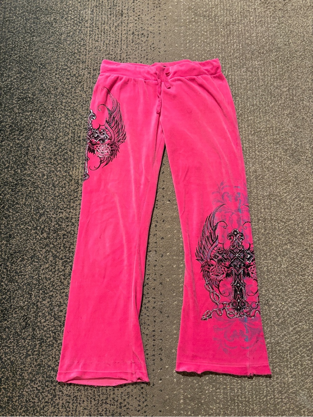 Y2K pink velour pants with cross details
